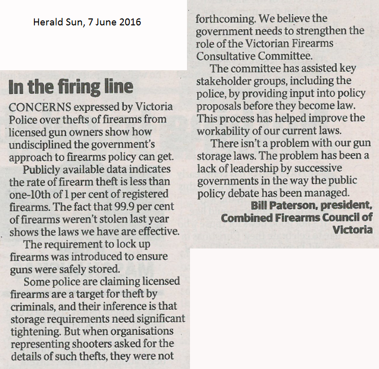 Herald Sun published Letter to Editor re gun thefts 07 06 2016